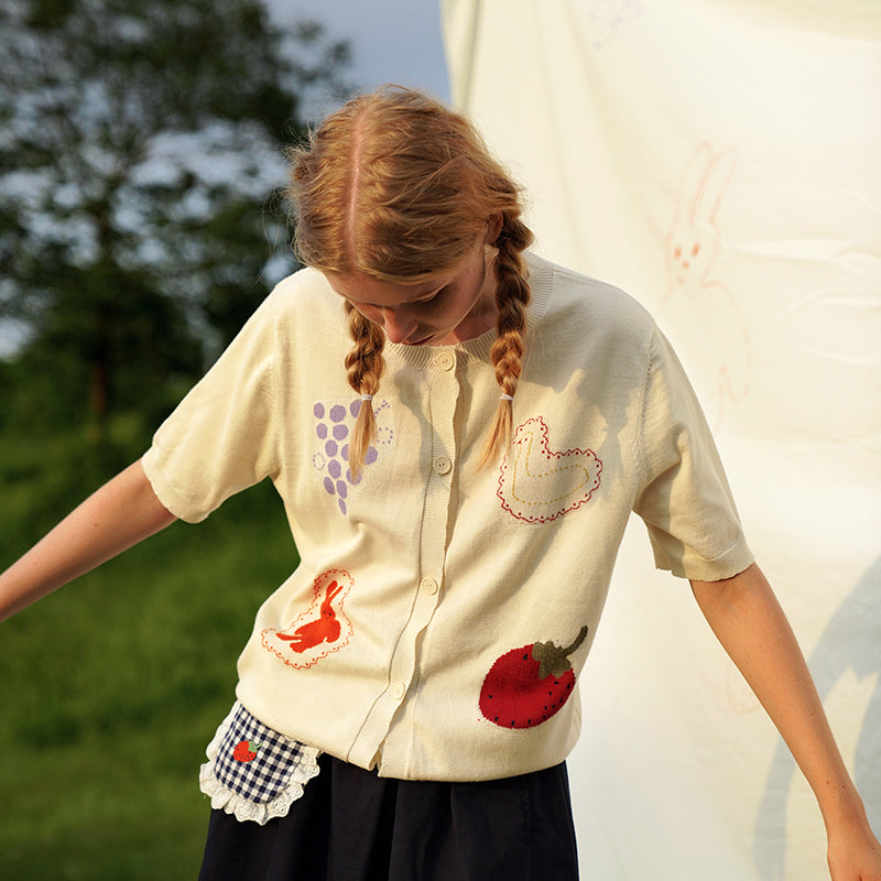 Beige Mercerized Cotton Jacquard Short Sleeve Cardigan