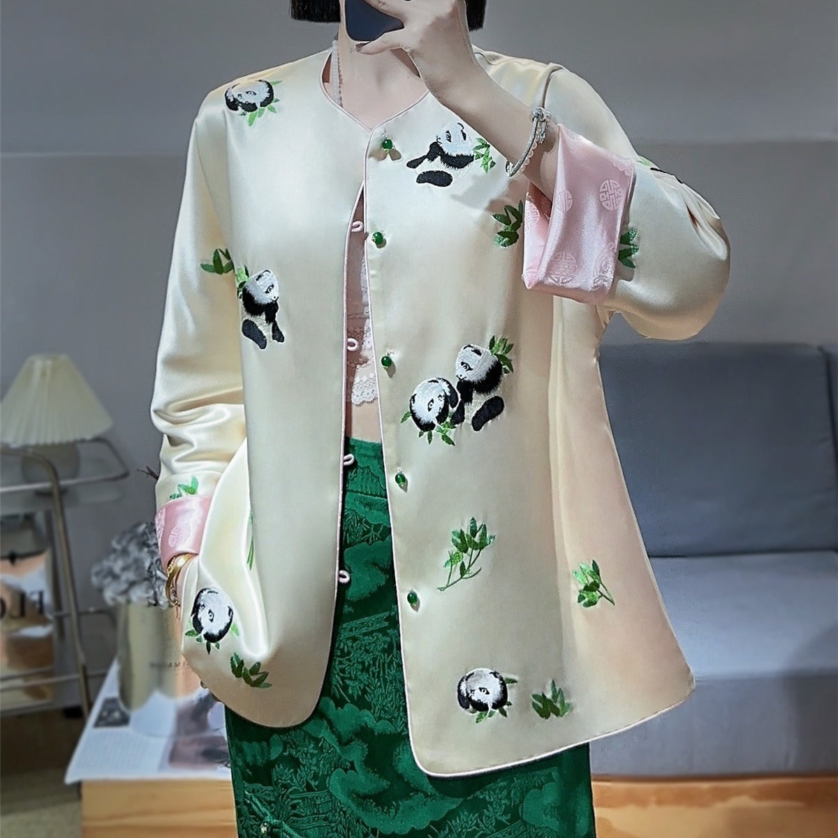 Manteau haut brodé panda à contraste de couleurs pour femme