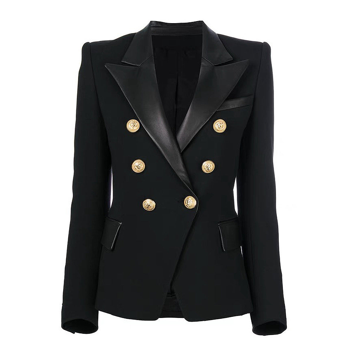 Fashion Stitching PU Leather Long Sleeve Double Breasted Suit Jacket Tops