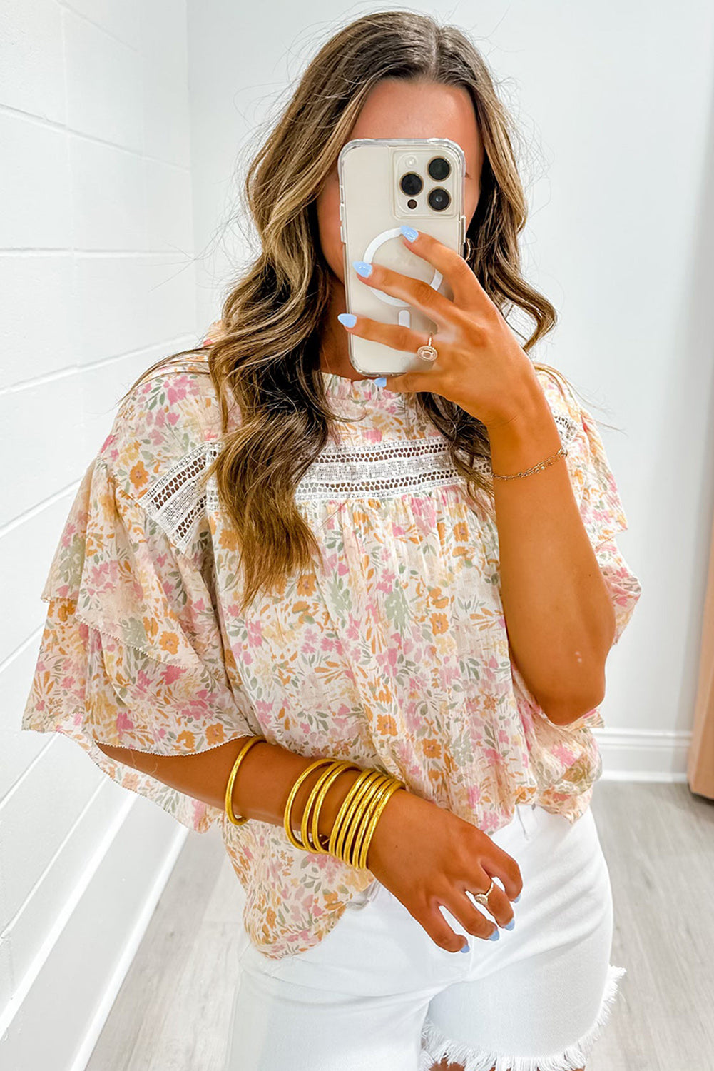 Multicolor Floral Print Wide Ruffle Sleeves Blouse