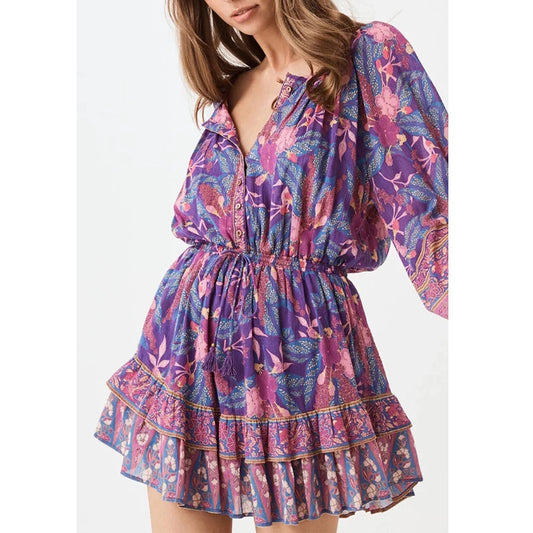 Bohemian resort-style print long sleeve dress