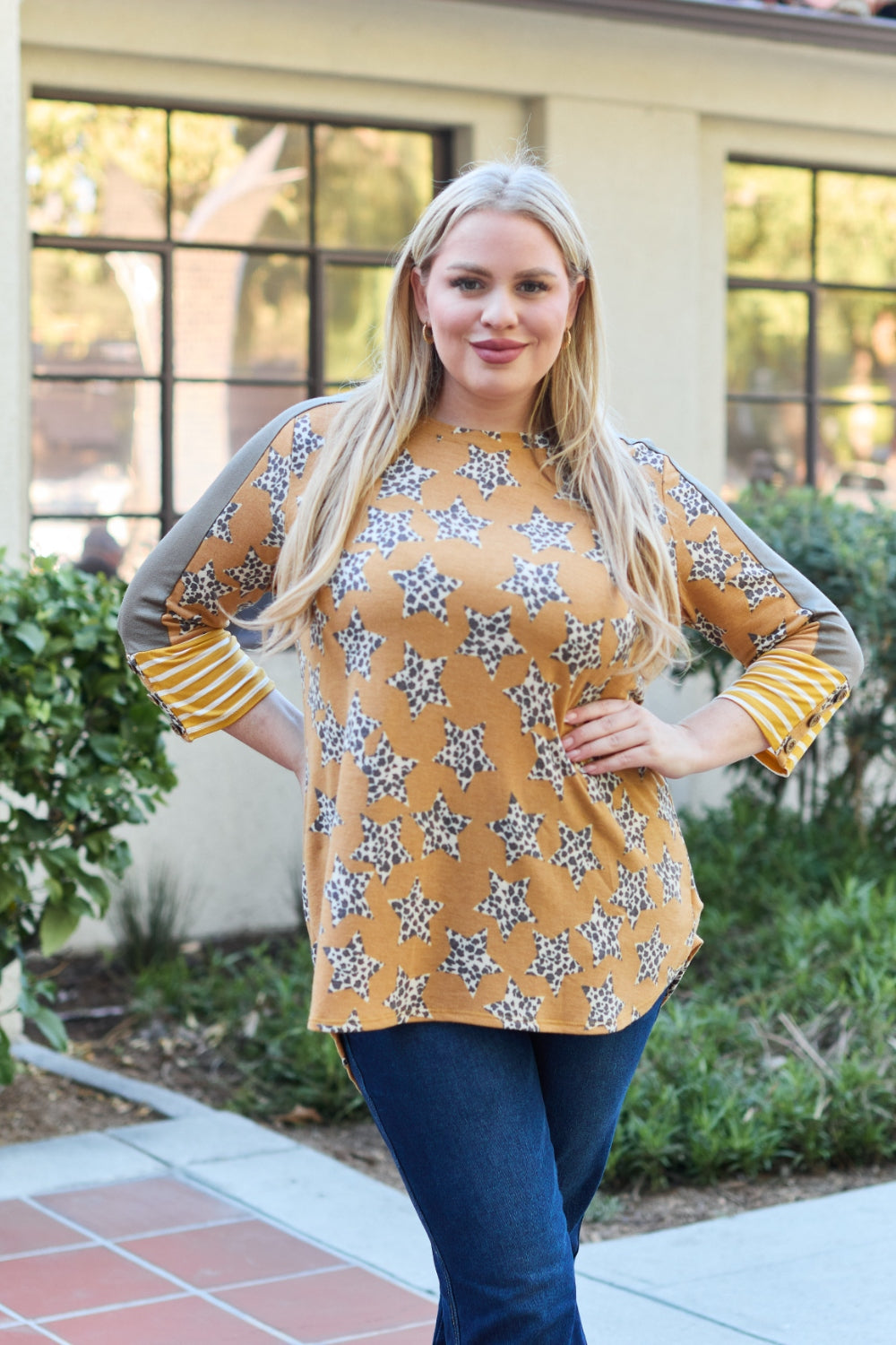 Celeste Design Full Size Leopard Star Contrast Top