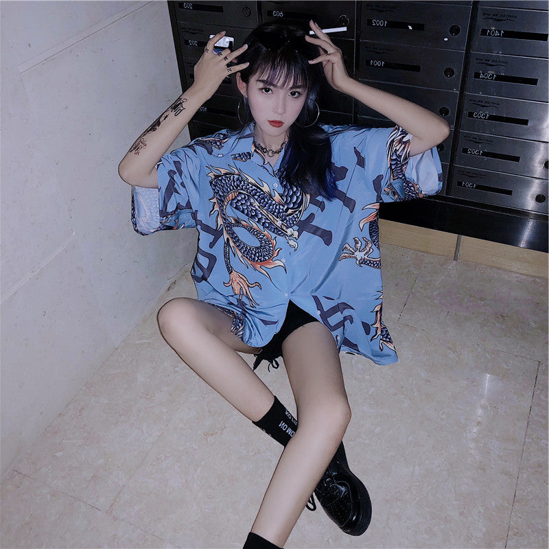 Blue Dragon Print Shirt