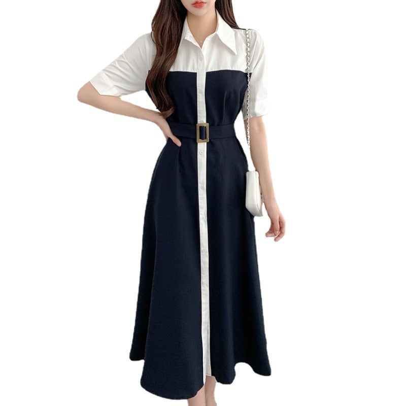 Contrast Color Waist-controlled Lace-up Dress Women