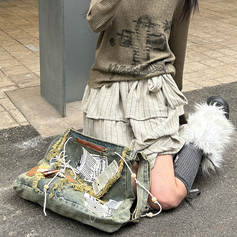 Beggar Tote Bag Stitching Denim Shabby