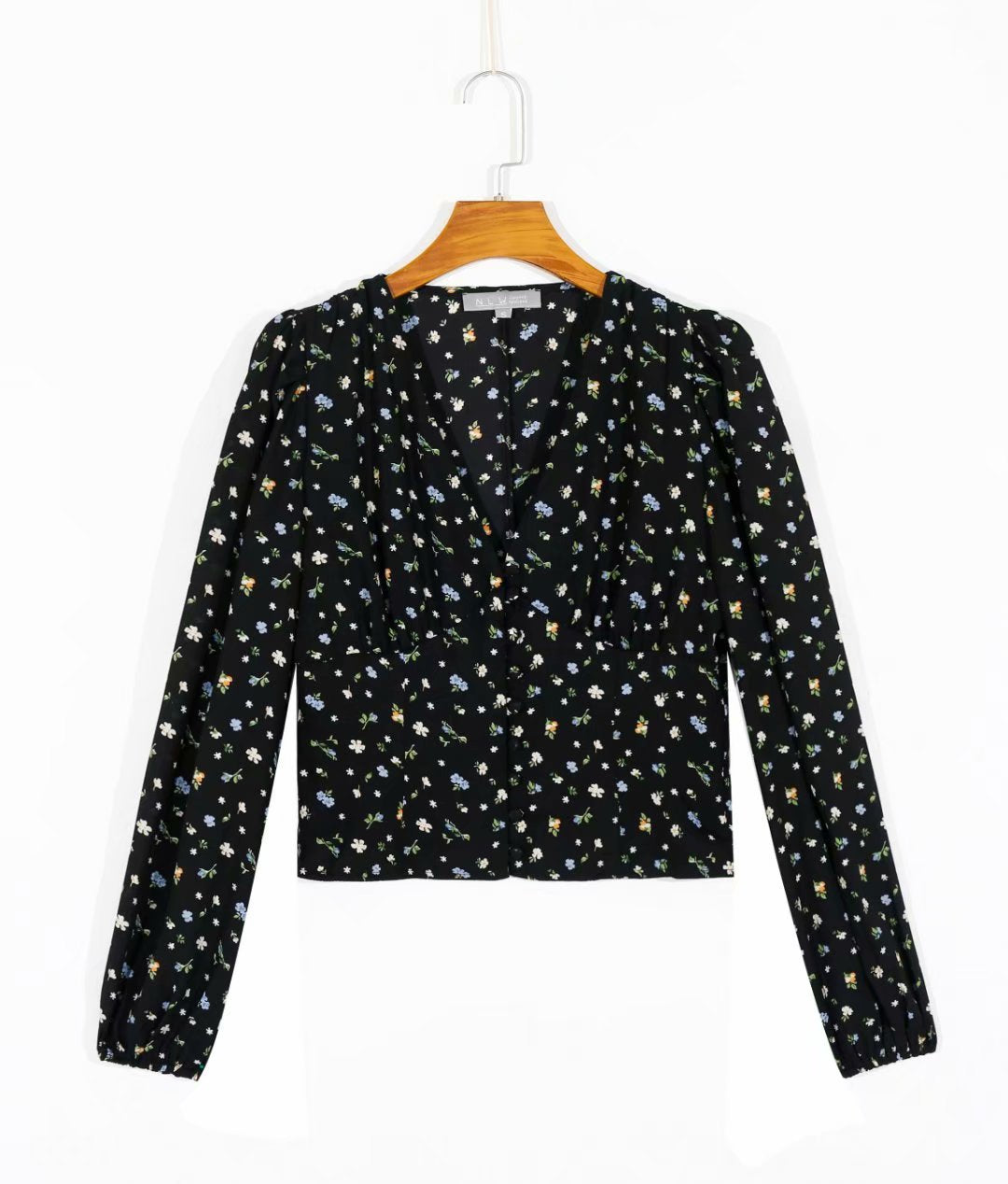 All-match V-neck floral print lantern sleeve top