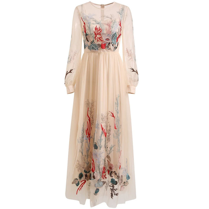 Robe longue transparente abricot, broderie florale exquise, robe de Style princesse