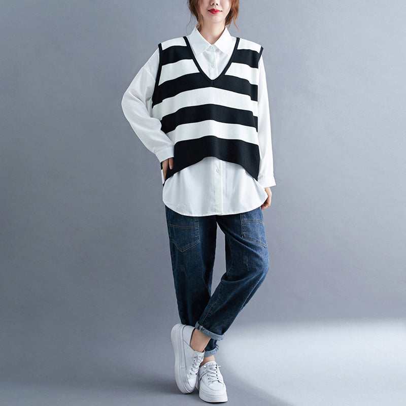 Fat Sister Suit Female Large Size Temperament Fashion Mid-Length Shirt + Striped Knitted Vest