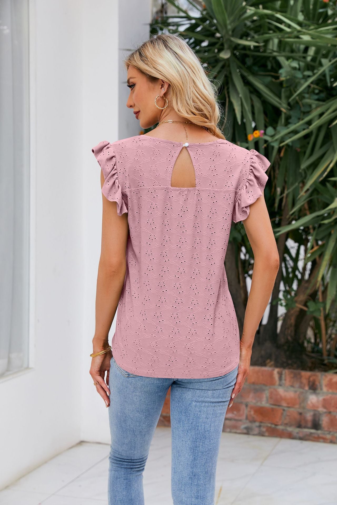 V-Neck Flutter Sleeve Eyelet Top