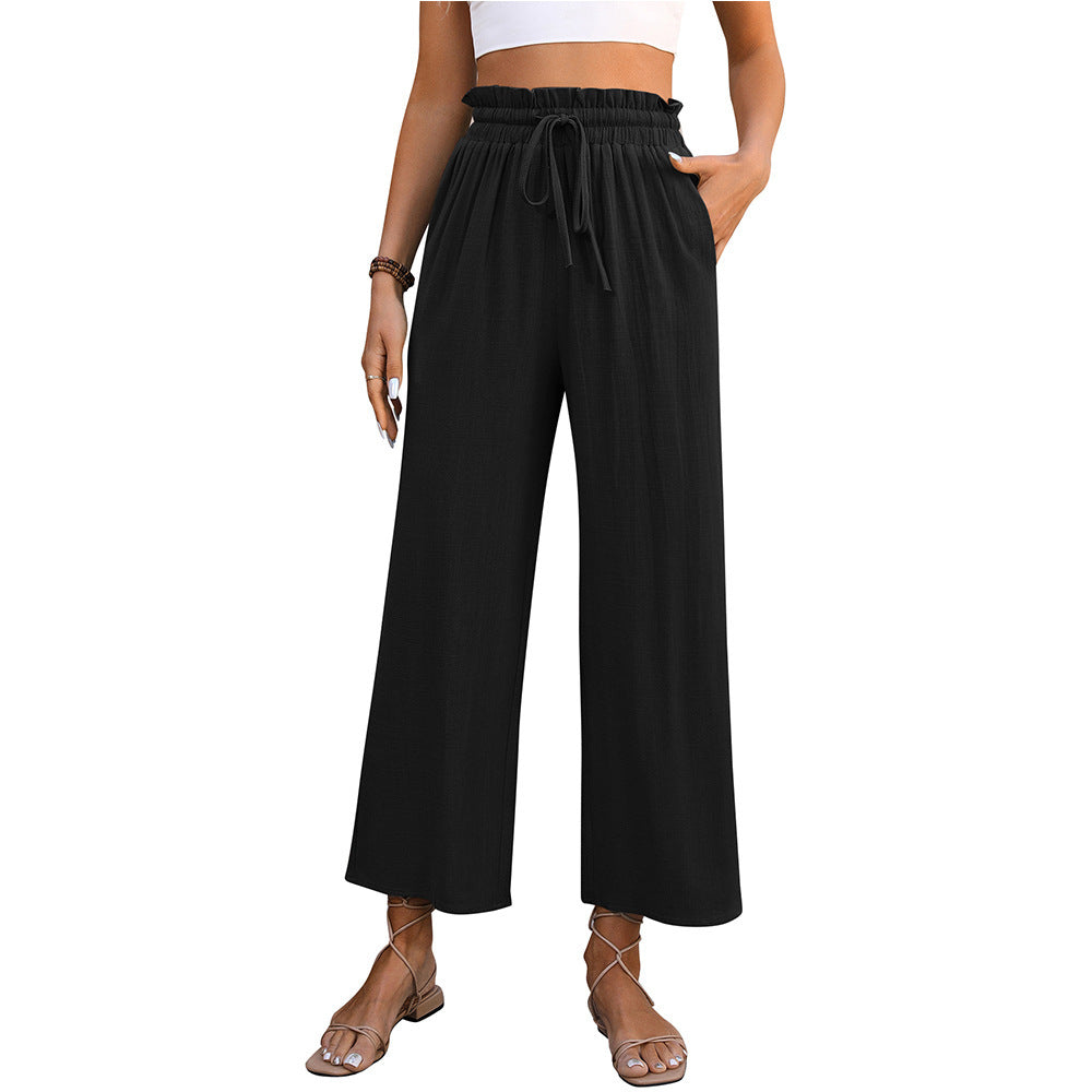 Pantalon droit taille haute avec cordon de serrage, couleur unie, ample, jambes larges, vêtements d'été décontractés pour femmes