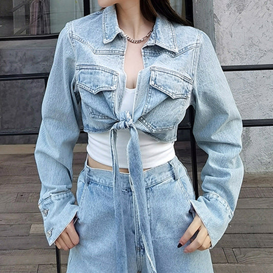 Cropped Cropped Denim Jacket With Tie At The Chest