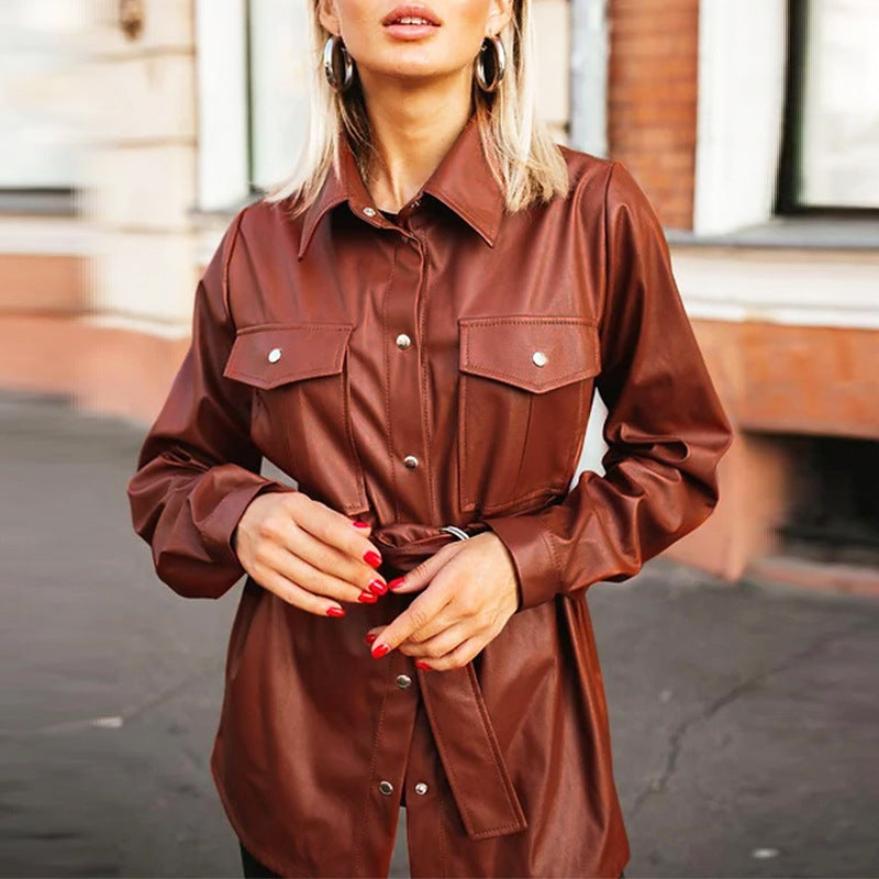 American style lapel leather shirt