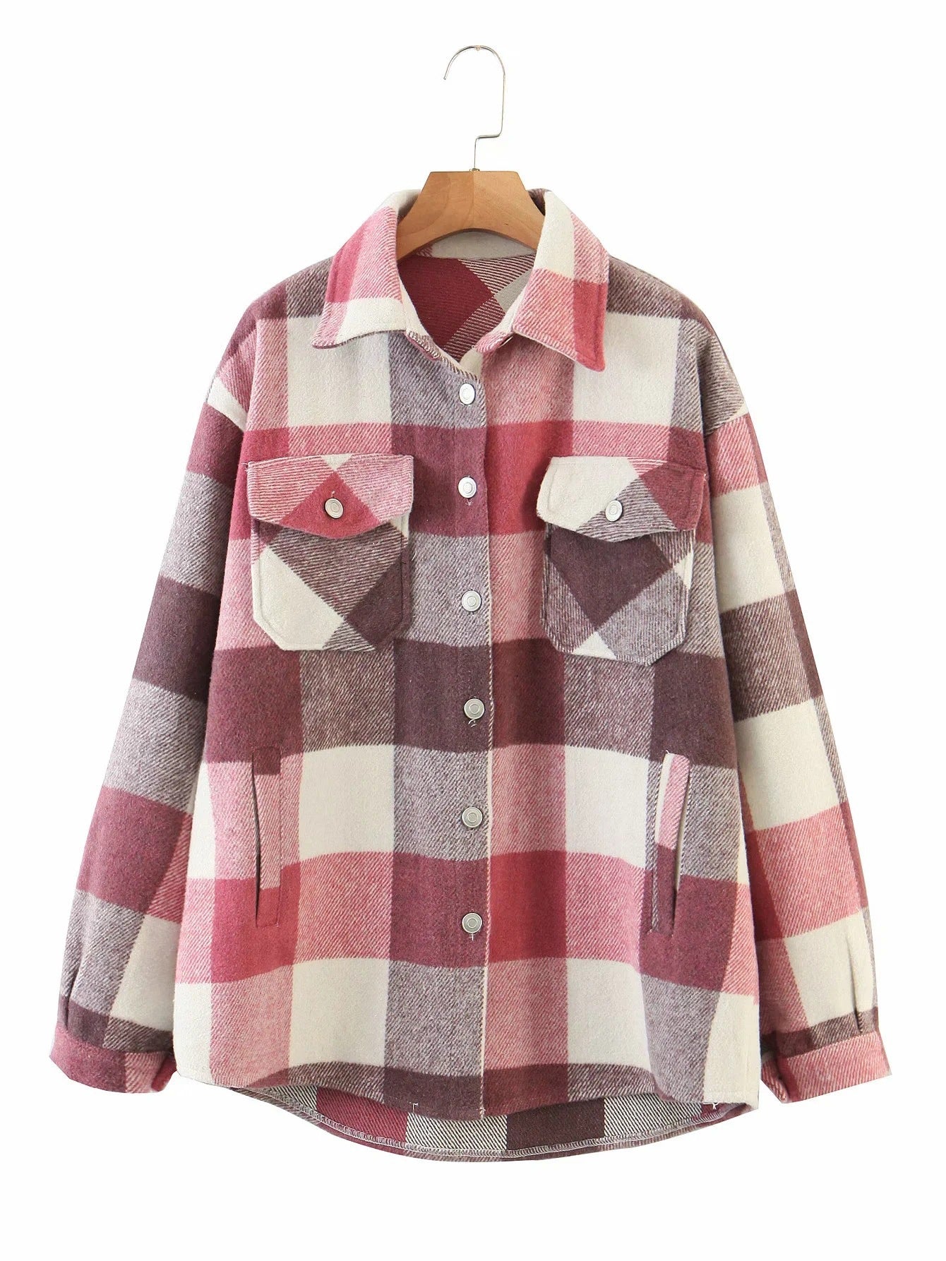 Casual Plaid Shirt Women Tweed Coat Buttons Pockets Female Jacket