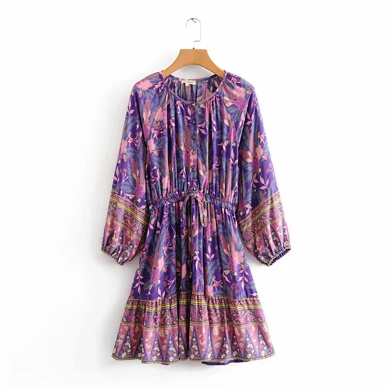 Bohemian resort-style print long sleeve dress