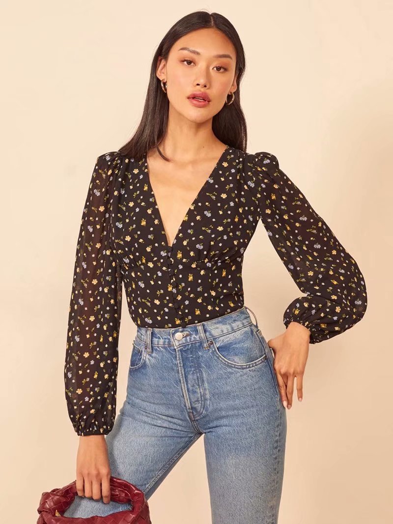 All-match V-neck floral print lantern sleeve top