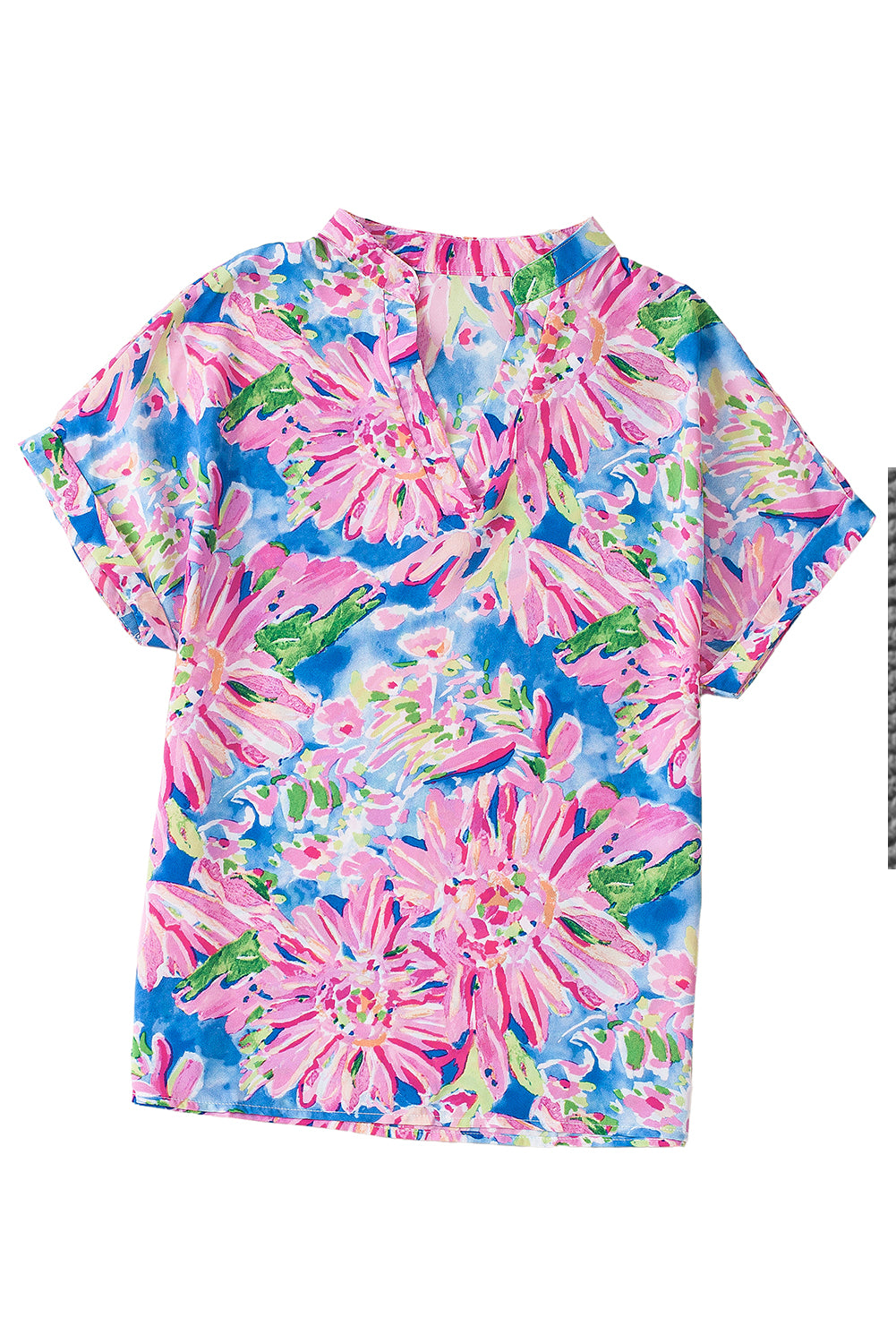 Pink Abstract Floral Print Notch V Neck Rolled Short Sleeve Blouse