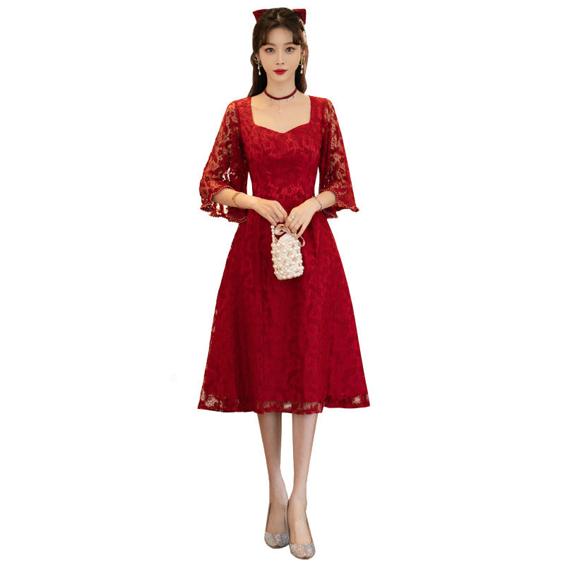 Women's Fashion Wine Red Lace Dress