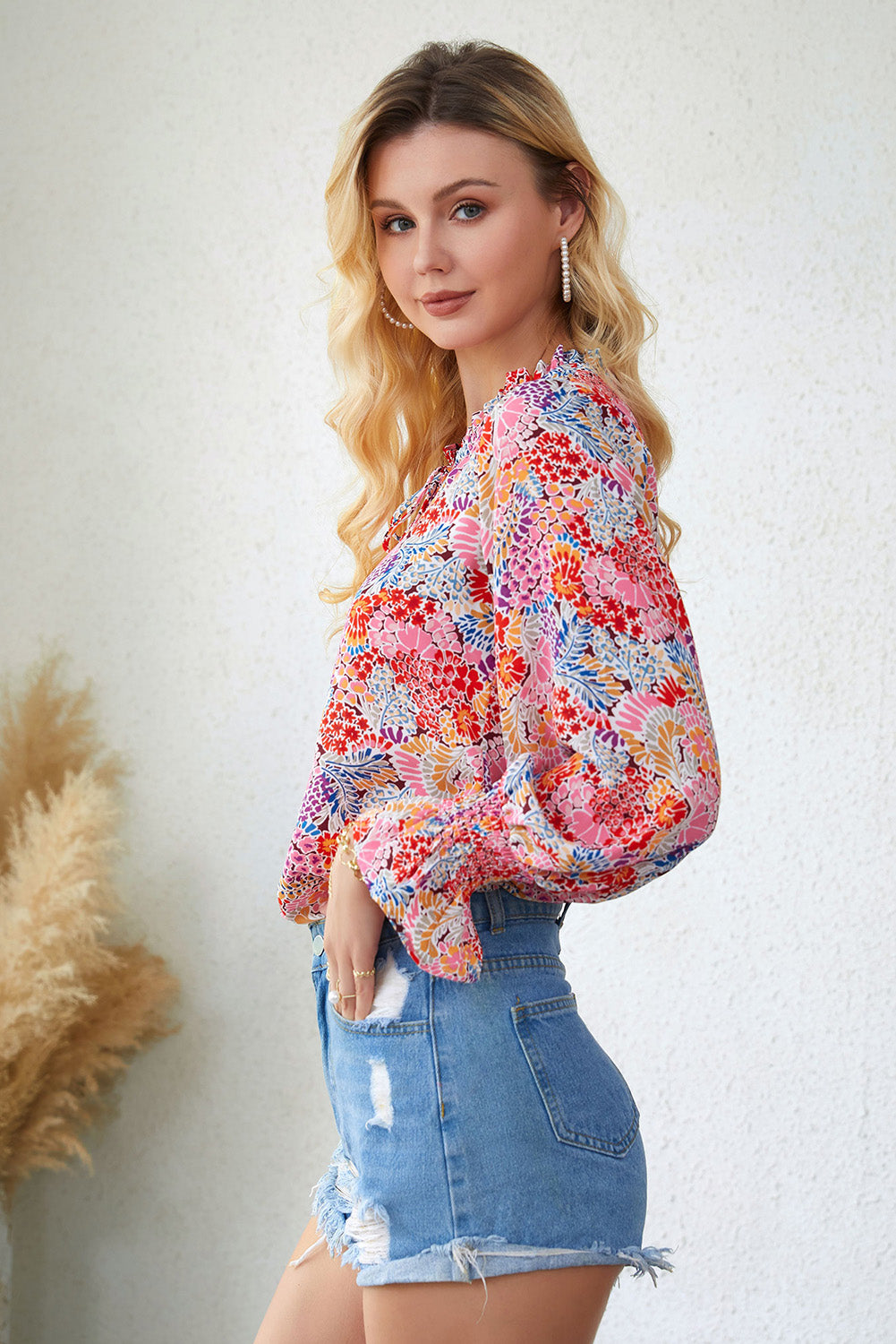 Floral Frill Trim Tie Neck Flounce Sleeve Blouse