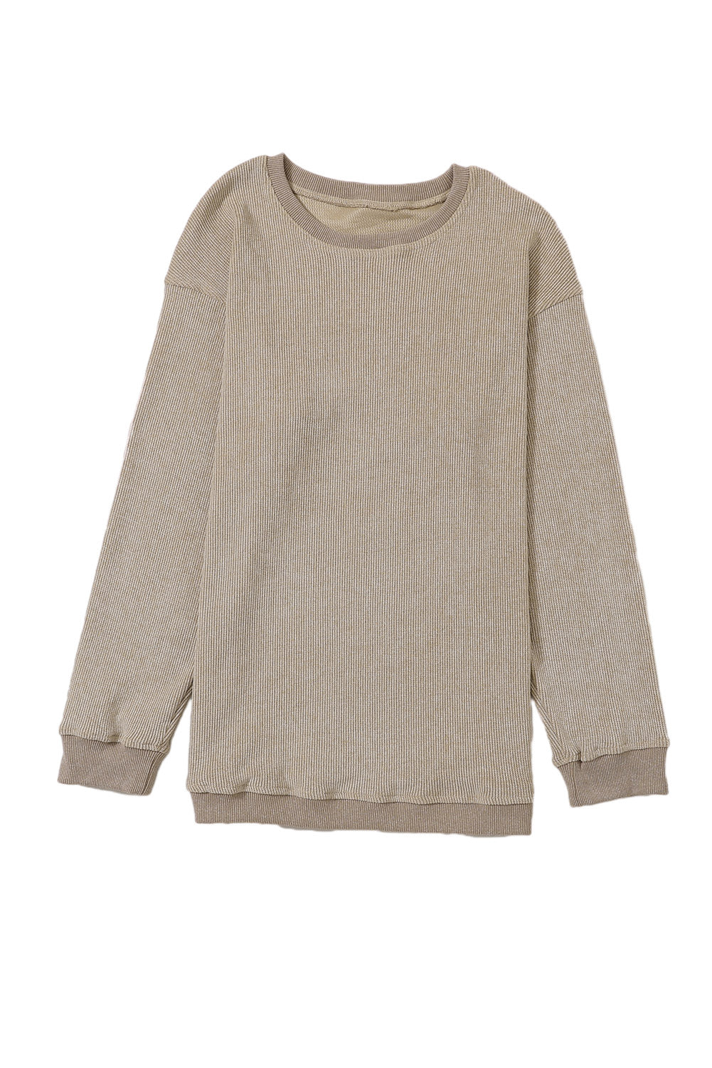 Khaki Solid Ribbed Knit Round Neck Pullover Sweatshirt