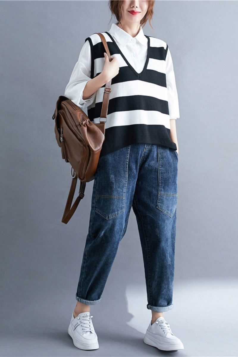 Fat Sister Suit Female Large Size Temperament Fashion Mid-Length Shirt + Striped Knitted Vest