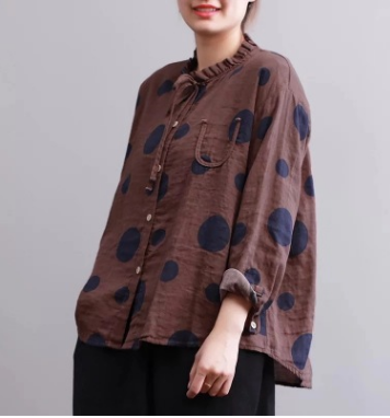 Casual Polka Dot Print Stand Collar Loose Women Blouses