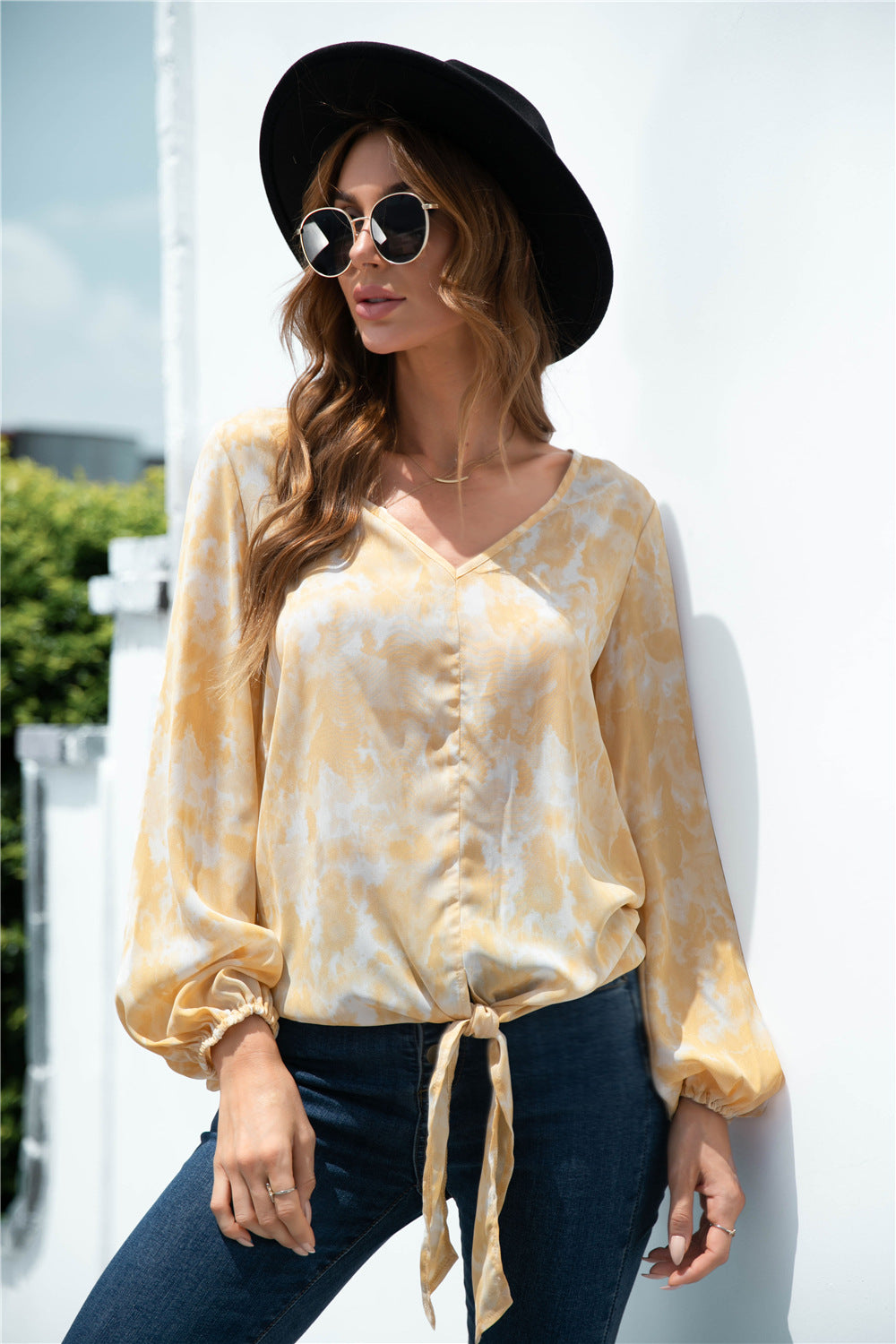 Tie-Dye Tied Balloon Sleeve Blouse