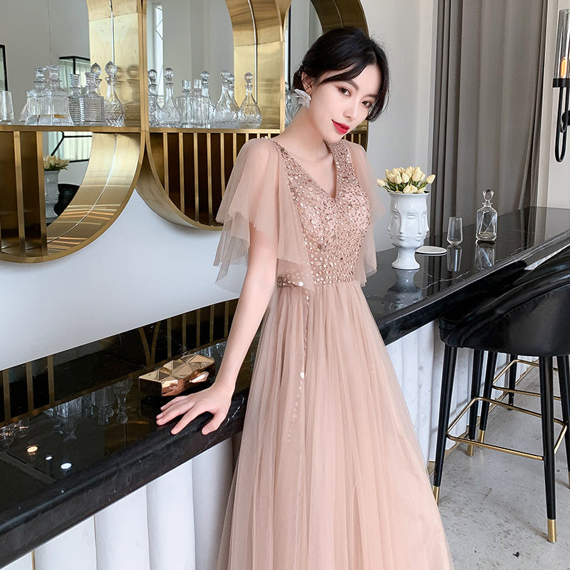 Champagne V-neck Banquet Evening Dress For Host Choral Performance