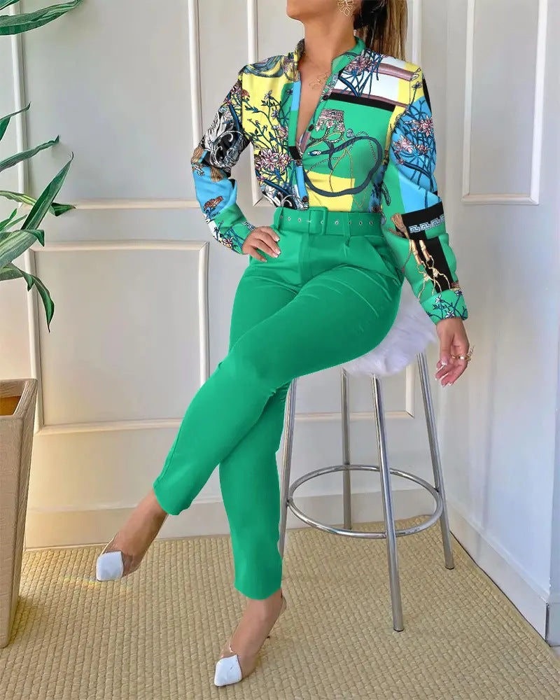 Women's Digital Printing Long-sleeved Shirt With Belt Trousers Suit