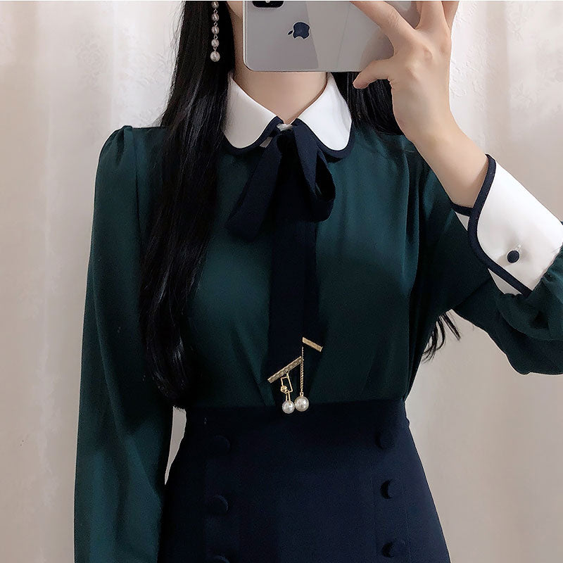 Temperament bottoming shirt bow chiffon shirt