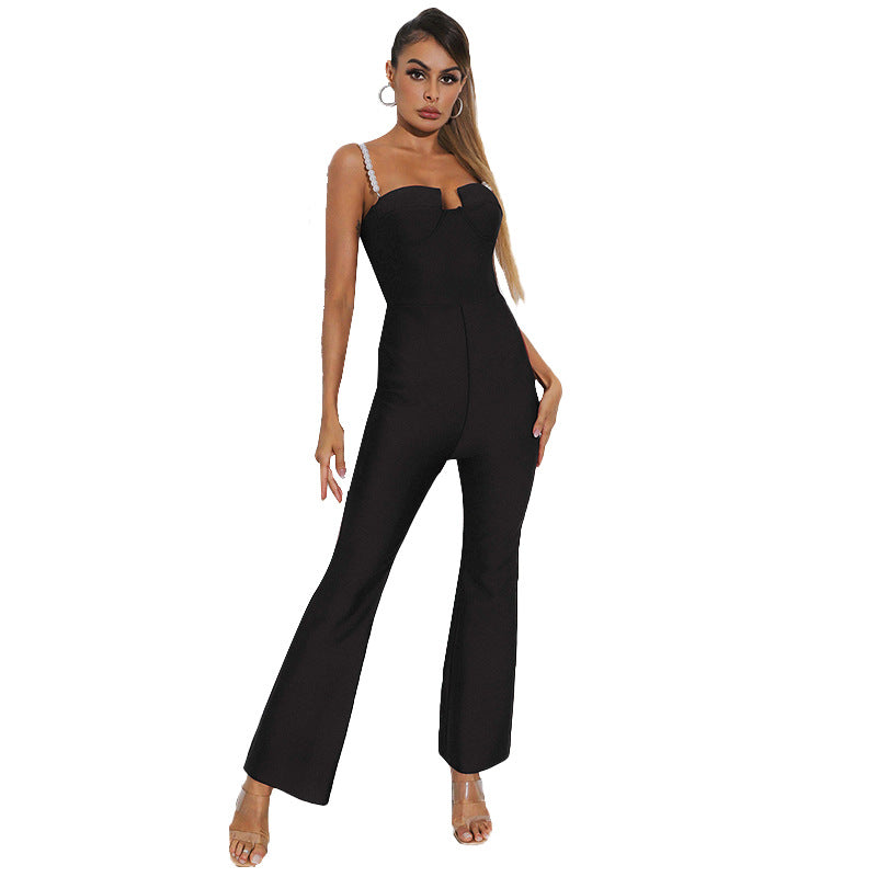 Fashion Women's Pearl Sling Crinkle Waist Wide Leg Jumpsuit