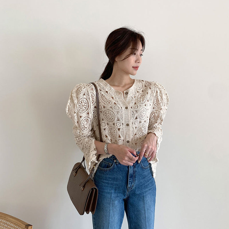 Pull décontracté à manches bouffantes au crochet pour femme