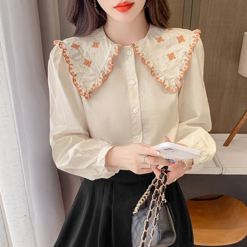 Contrasting Color Doll Collar Shirt Women Autumn And Winter