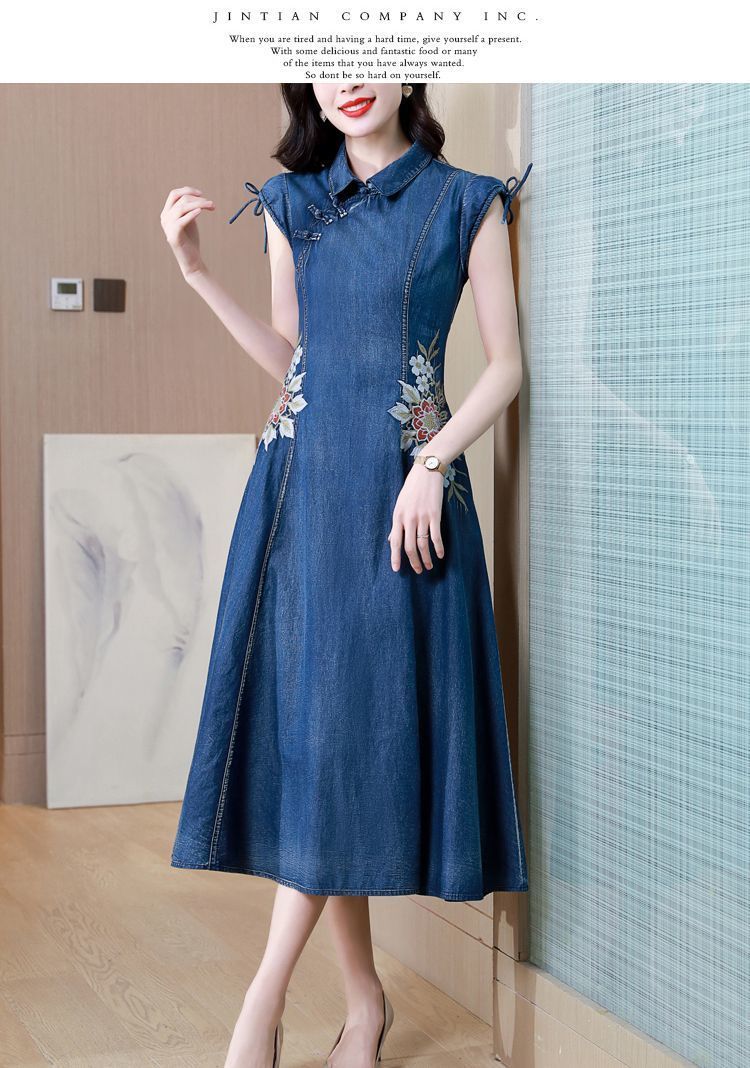 Robe en Denim pour femmes, nouvelle Version modifiée Cheongsam, broderie Machine, rétro, été 2024