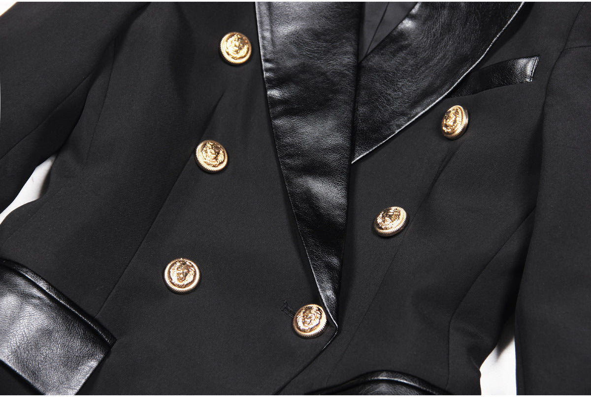 Fashion Stitching PU Leather Long Sleeve Double Breasted Suit Jacket Tops