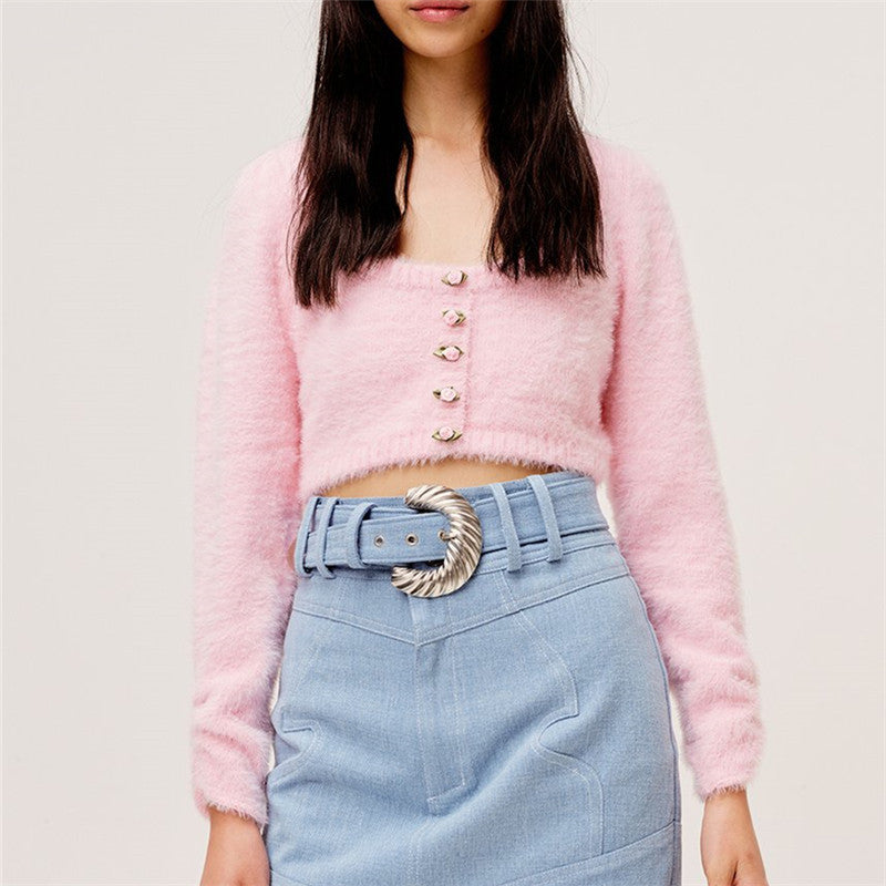 Sweet Fluffy Low Crew Neck Knitted Short Sweater Coat