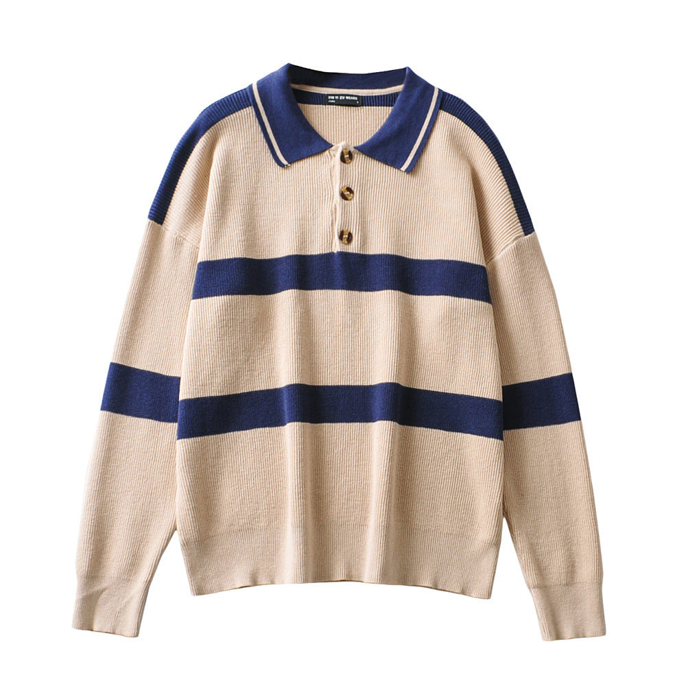 Women's European And American Retro Beige Knit Striped Loose Lazy Sweater