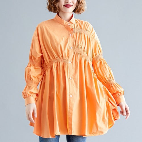 Camisa con cuello levantado de manga larga irregular estilo occidental para mujer talla grande todo fósforo