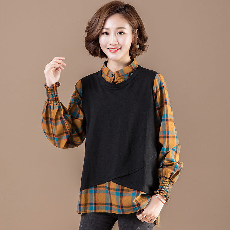 College Style Loose Large Size Fake Two-piece Lattice Stitching