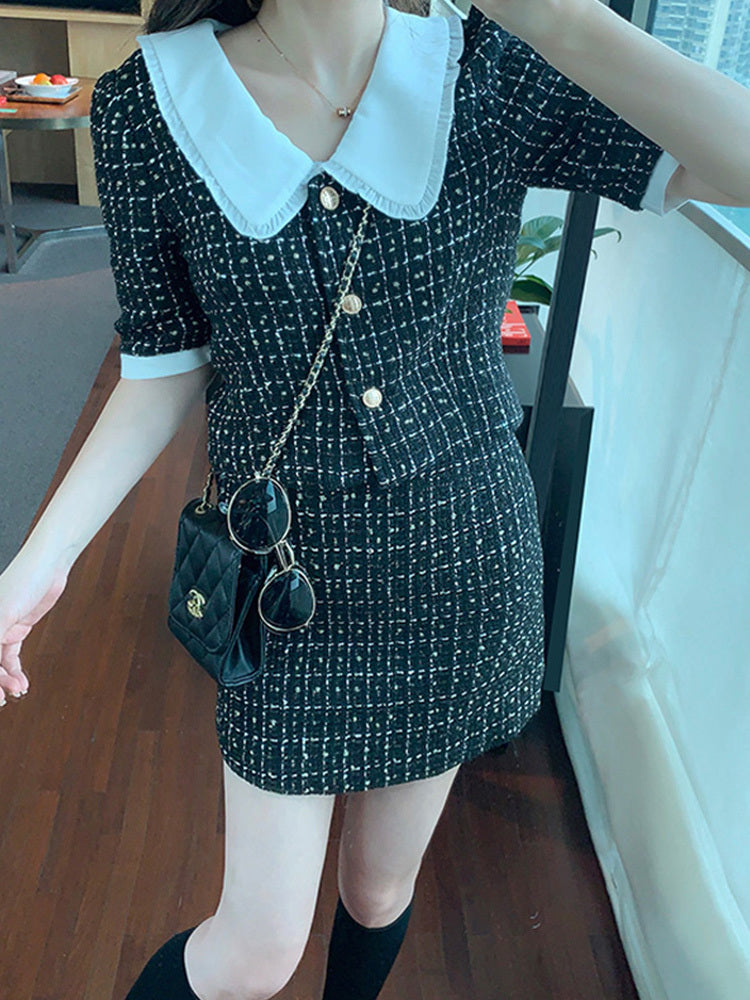 Black And White Classic Retro Shirt Short-Sleeved Top Women Sparkling Skirt