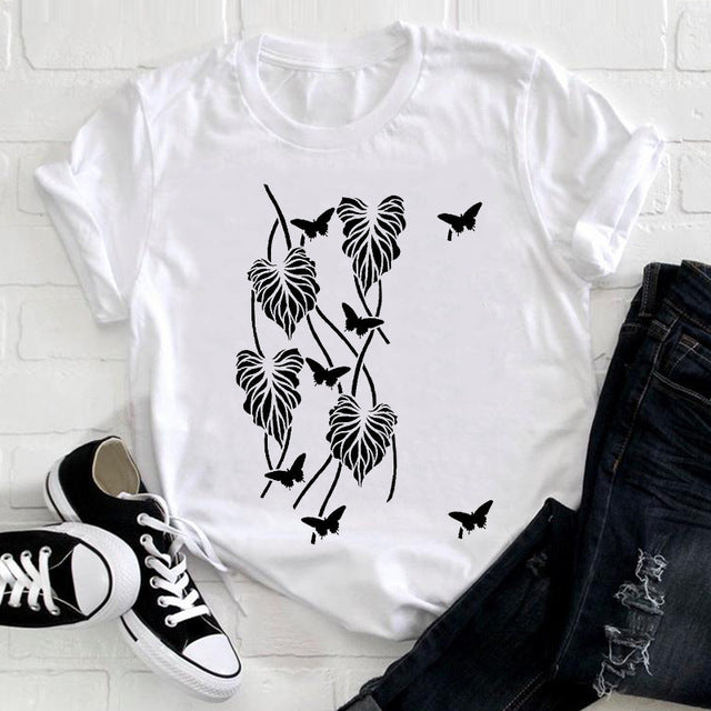 Women Feather Bird Short Sleeve Printing Spring Fashion