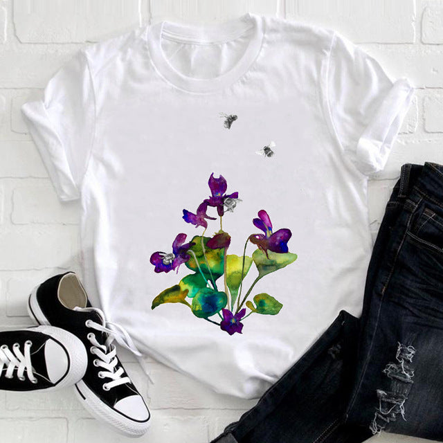 Women Feather Bird Short Sleeve Printing Spring Fashion