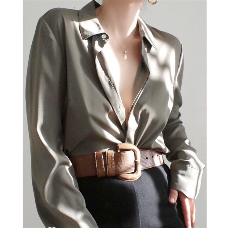 Acetate Satin Shirt Women's  Design Sense Biche Real Silk Salt Drape Long-Sleeved White Shirt