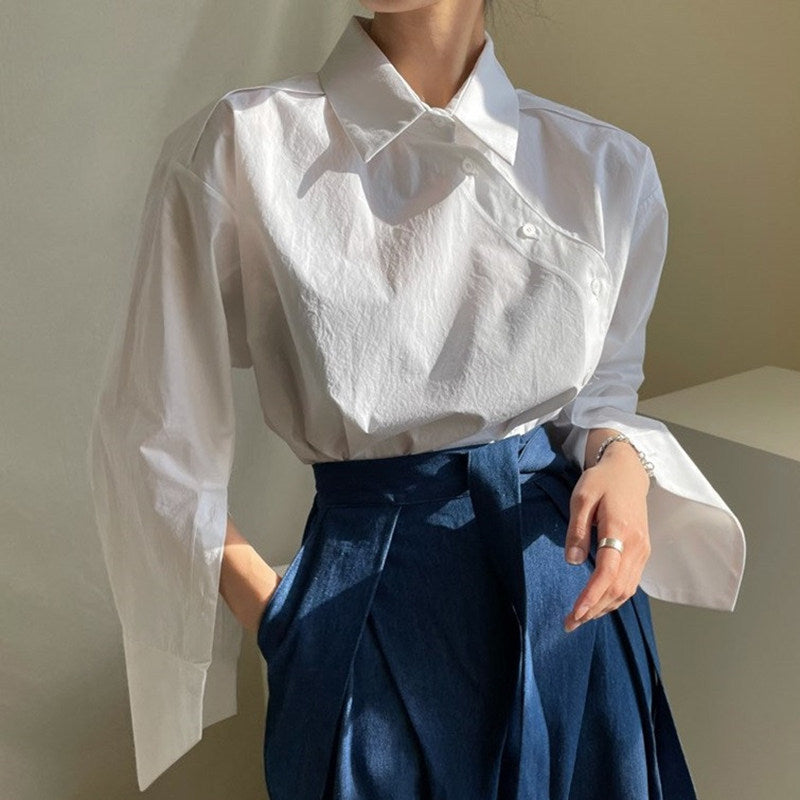 All-Match Lapel Stripe Contrast Irregular Shirt