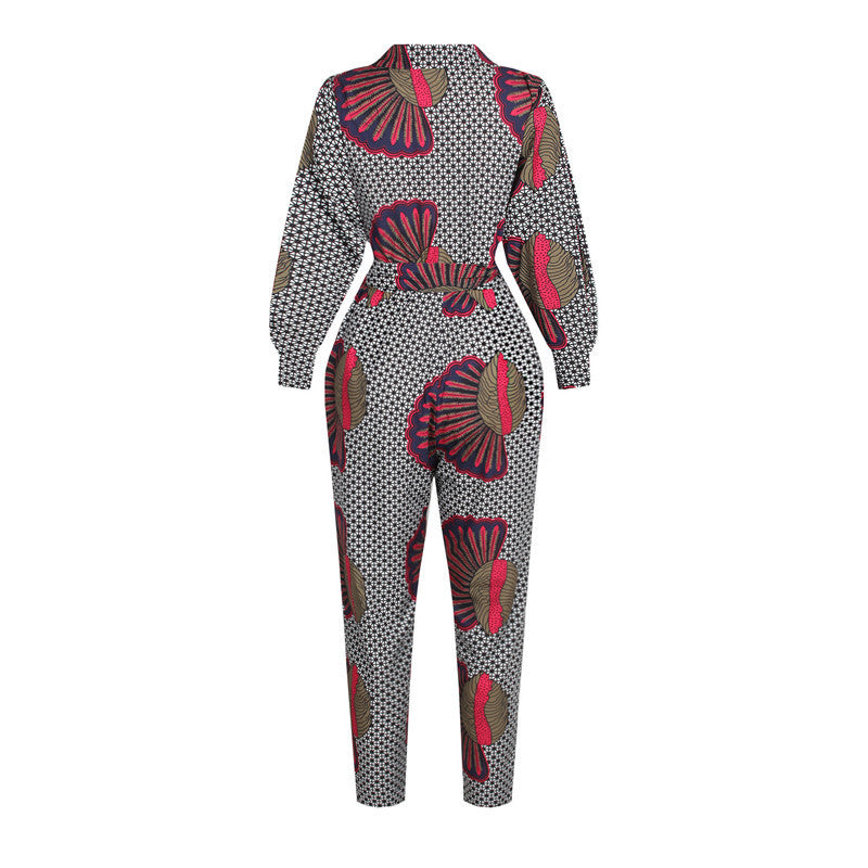 Combinaison à manches longues et col en v pour femme, pantalon court de Style africain, automne