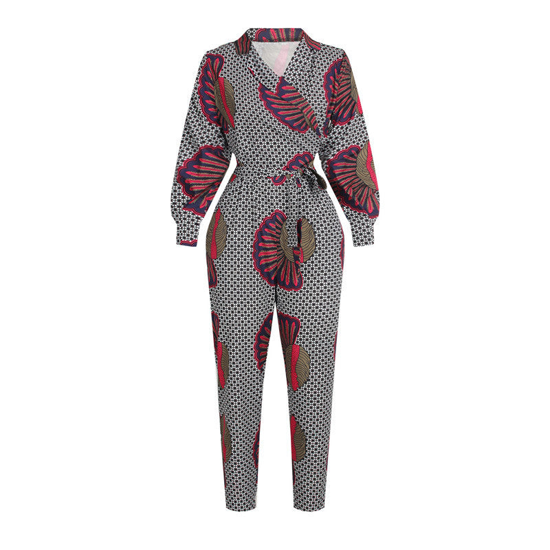 Combinaison à manches longues et col en v pour femme, pantalon court de Style africain, automne