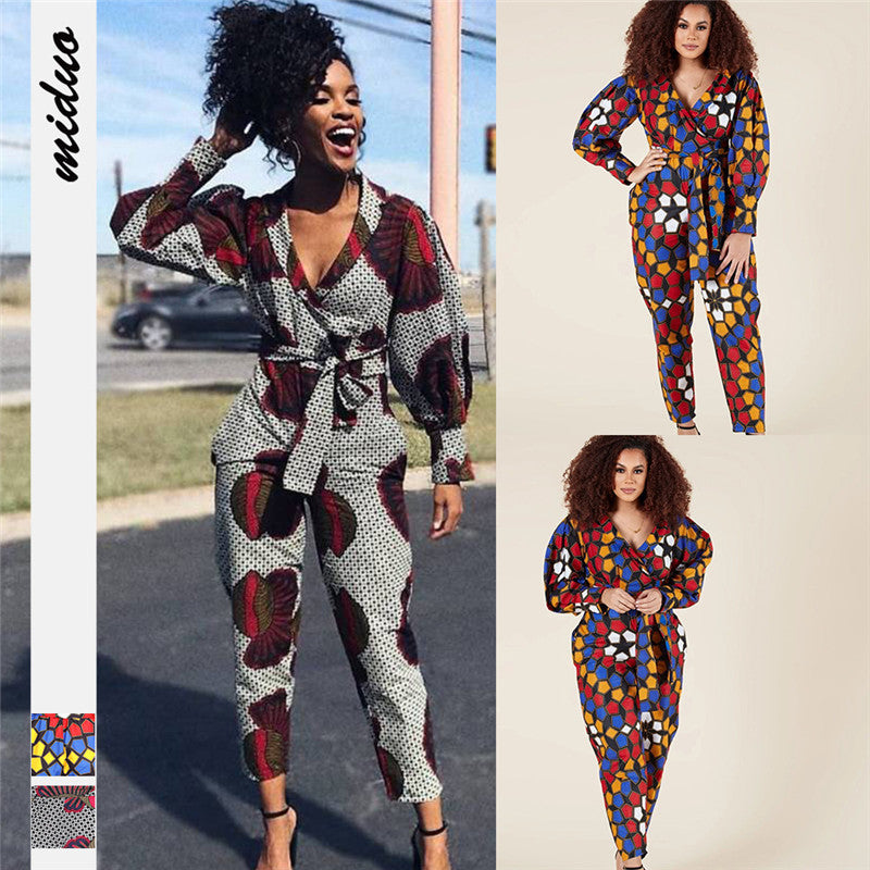 Women's V-neck Autumn Long-sleeved Jumpsuit African Style Cropped Trousers