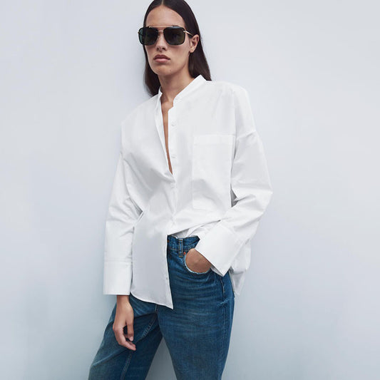 Fashionable Women's White Poplin Shirt With Pockets