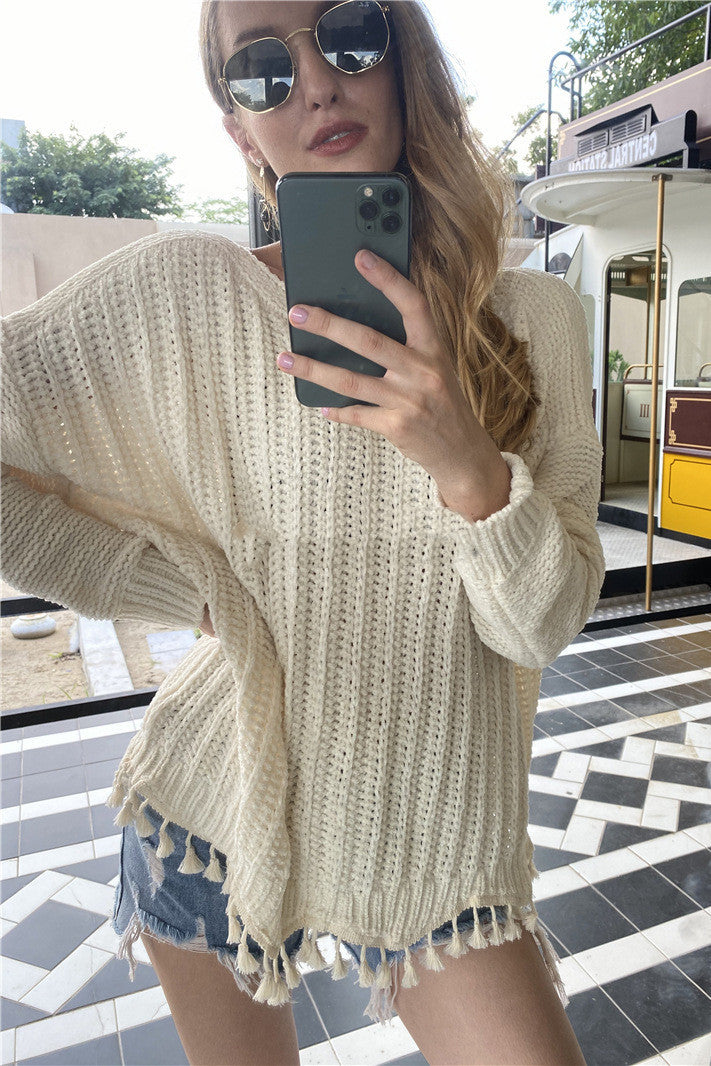 Autumn And Winter Europe And America Cross-Border Amazon New Loose Large Size Stitching Sweater Solid Color Knitted Women's Sweater