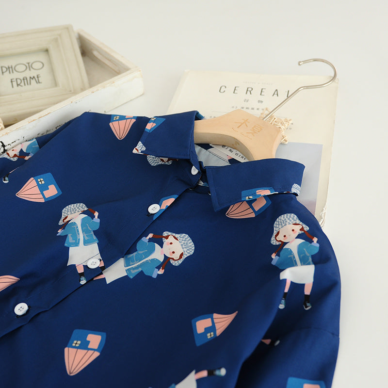 College Girl Print Dark Blue Chiffon Shirt