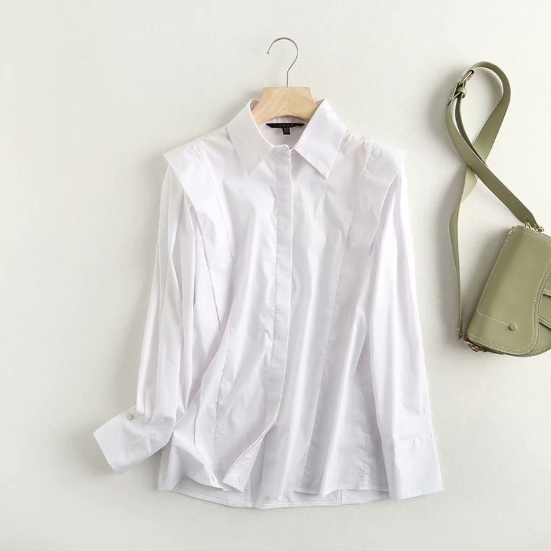 Autumn Temperament Long-Sleeved Blouse Plain Design Sense Poplin Ladies White Shirt